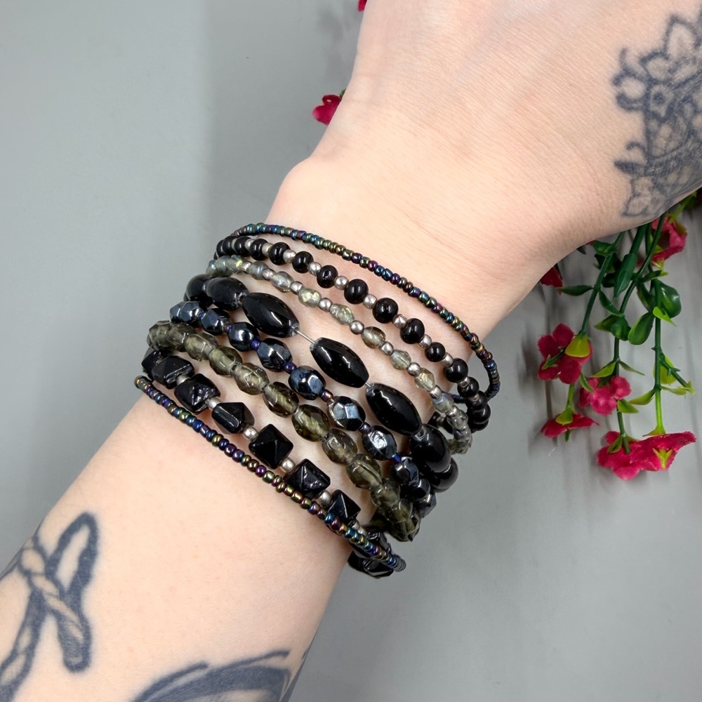 Multi-Strand Black and Gray Beaded Wrap Bracelet / Upper Arm Jewelry